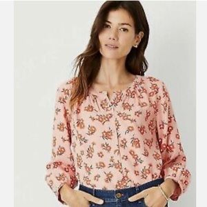 Ann Taylor shirred peachy pink floral blouse.